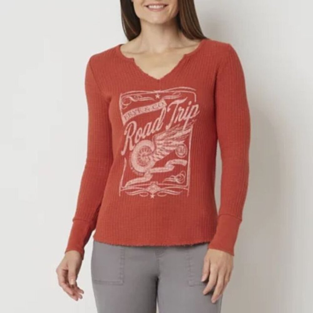 Frye and Co. Womens Split Crew Neck Long Sleeve Graphic T-Shirt. Sz: L